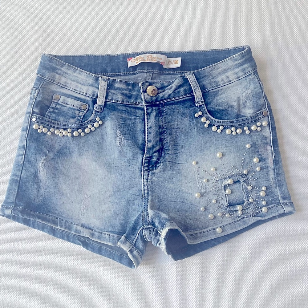 Miss Queen Jeans Shorts with Pearl Beads XS Women’s